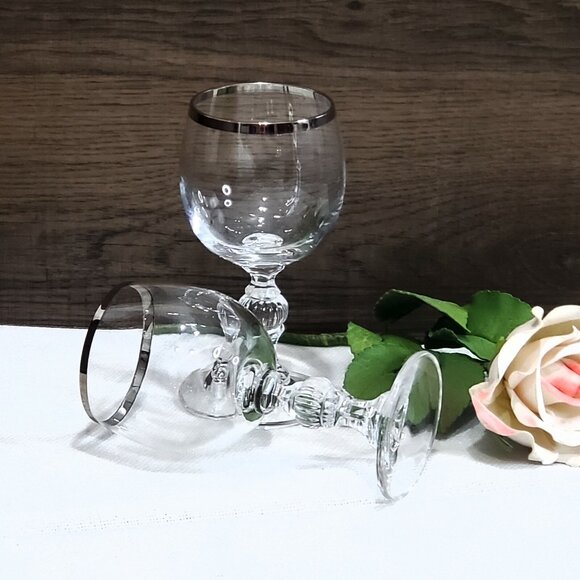 2 Bold Silver Trim Crystal Cordial Liquor Glasses 4.7" ribbed ball sculpted stem - Picture 5 of 10